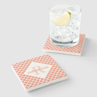 Dessous-de-verre En Pierre Corail et Géométrique Moderne Monogrammé Blanc