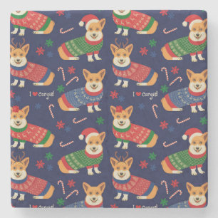 Dessous-de-verre En Pierre Corgis de Noël : Illustration Vintage festive.