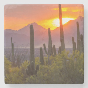 Dessous-de-verre En Pierre Coucher de soleil sur cactus du désert, Arizona