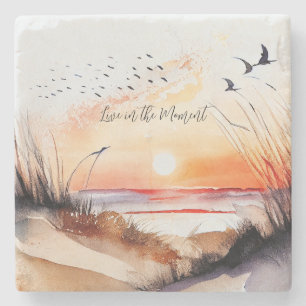 Dessous-de-verre En Pierre Coucher de soleil sur la plage avec des oiseaux