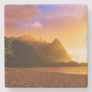 Dessous-de-verre En Pierre Coucher de soleil sur la plage d'or à Hawaï