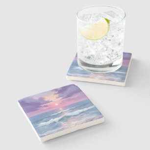 Dessous-de-verre En Pierre Coucher de soleil sur la plage lavande violet aqua