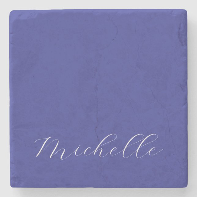 Dessous-de-verre En Pierre Couleur Bleu Profond Plat Moderne Nom Calligraphie (Devant)