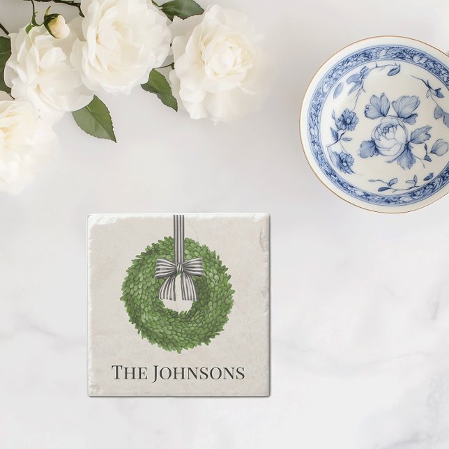 Dessous-de-verre En Pierre Couronne avec arc rayé noir et blanc (personalized boxwood wreath stone coaster custom name)