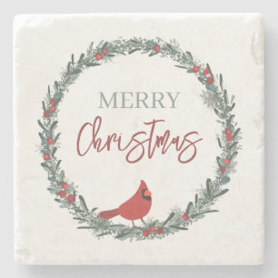 Dessous-de-verre En Pierre Couronne de baies rouges et cardinal rouge de Noël