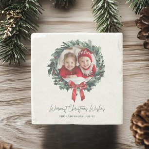 Dessous-de-verre En Pierre Couronne de Noël personnalisée avec photo et nom