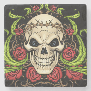 Dessous-de-verre En Pierre Crâne et roses avec la couronne des épines par A