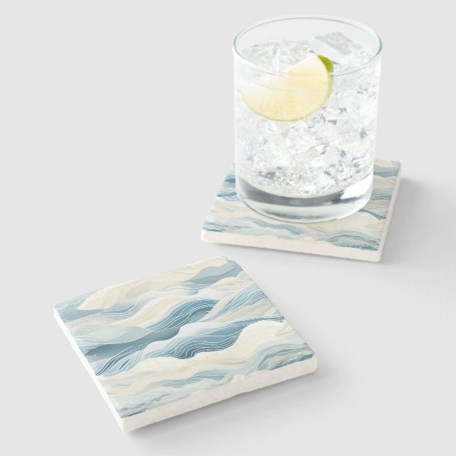 Dessous-de-verre En Pierre Crème Bleue Mer Sable Océan Vagues (Côté)