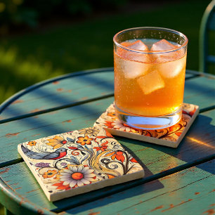 Dessous-de-verre En Pierre Crème Vintage & Fleur Orange Cottagecore Oiseau 
