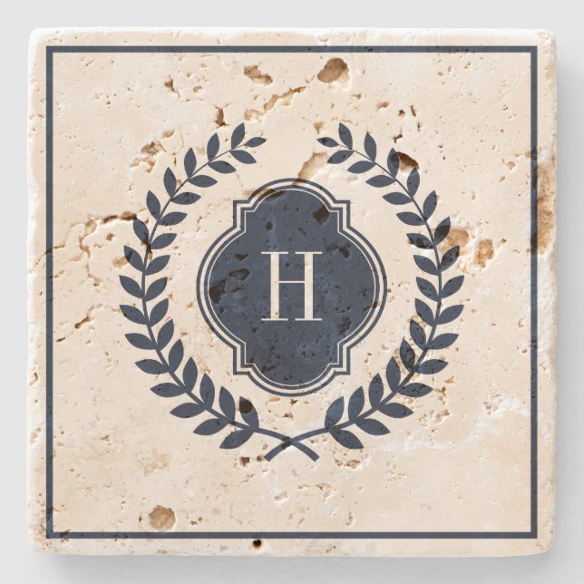 Dessous-de-verre En Pierre Crête, cadre et monogramme bleu foncé (Devant)