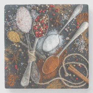 Dessous-de-verre En Pierre Cuillères d'argent et épices