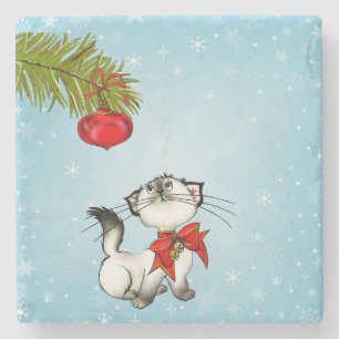 Dessous-de-verre En Pierre Curieux Kitty de Noël Avec Un Bow Rouge