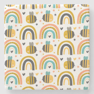 Dessous-de-verre En Pierre Cute Bumble Bee et Rainbows Motif