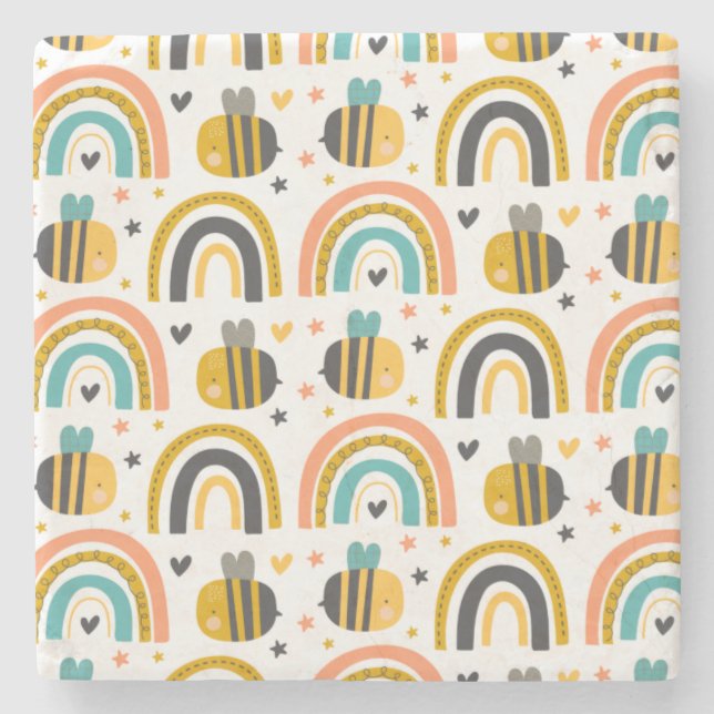 Dessous-de-verre En Pierre Cute Bumble Bee et Rainbows Motif (Devant)