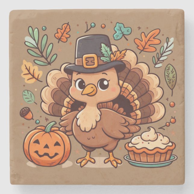 Dessous-de-verre En Pierre Cute caricature Thanksgiving dinde et citrouille (Devant)