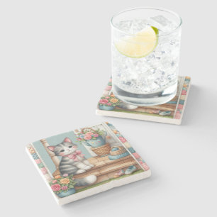 Dessous-de-verre En Pierre Cute Chat sur Porche avec Fleurs et Patchwork