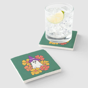 Dessous-de-verre En Pierre Cute couronne de fleurs de fantôme d'Halloween