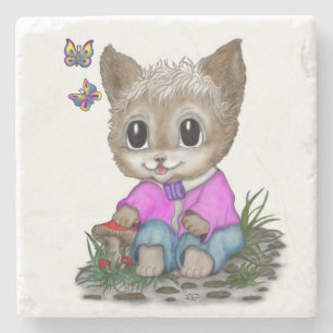 Dessous-de-verre En Pierre Cute Kitty Chat et Papillon