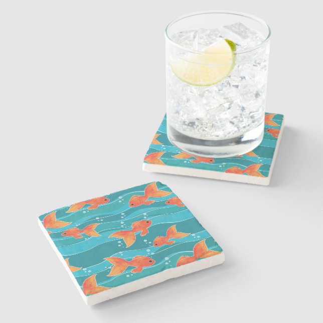 Dessous-de-verre En Pierre Cute Motif de natation Goldfish & Water (Côté)