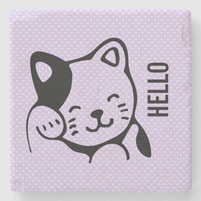 Dessous-de-verre En Pierre Cute noir et blanc Kitty Chat Waving Bonjour (Devant)