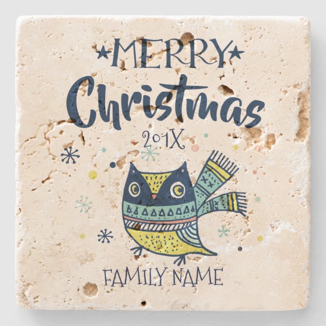 Dessous-de-verre En Pierre Cute Owl & Joyeux Noël Typographie (Devant)