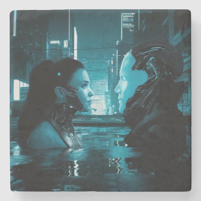 Dessous-de-verre En Pierre Cyberpunk Girl Et Android (Devant)