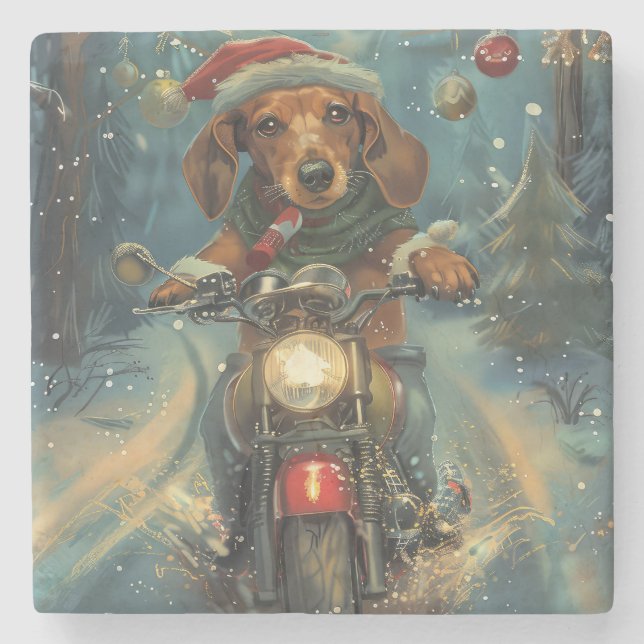 Dessous-de-verre En Pierre Dachshund Chien équitation moto Noël (Devant)