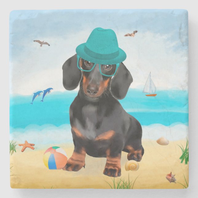 Dessous-de-verre En Pierre Dachshund Dog sur la plage (Devant)