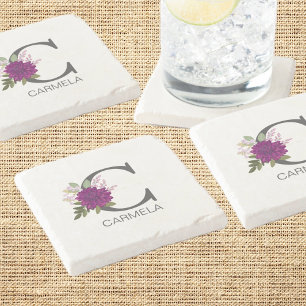 Dessous-de-verre En Pierre Dahlia Floral Alphabet Lettre Monogramme Bourgogne