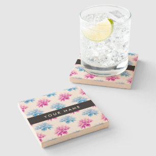 Dessous-de-verre En Pierre Dahlia rose et bleu, motif floral, votre nom