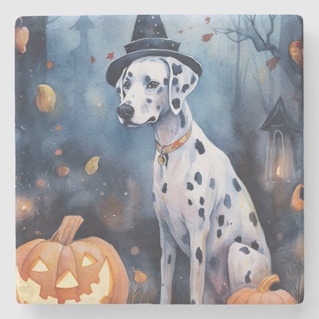 Dessous-de-verre En Pierre Dalmation d'Halloween avec effroi Citrouille (Devant)