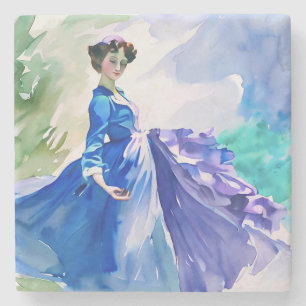 Dessous-de-verre En Pierre Dame en Robe Bleue - Peinture aquarelle