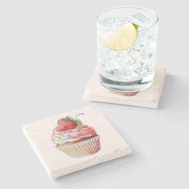 Dessous-de-verre En Pierre Dessert sucré à la fraise Cupcake (Côté)