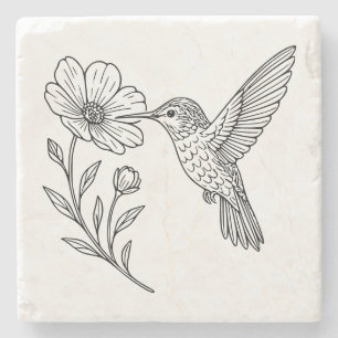 Dessous-de-verre En Pierre Dessin au trait détaillé de colibri avec fleur sau