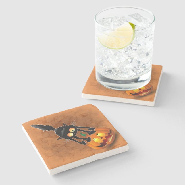 Dessous-de-verre En Pierre Dessin d'Halloween au chat effrayé sur Citrouille (Côté)