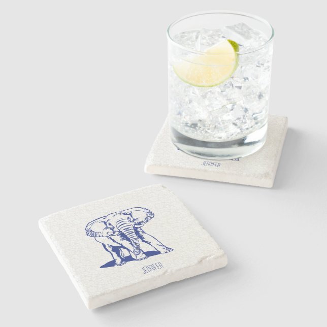 Dessous-de-verre En Pierre Dessin Monogramme Marine Blue Elephant Line (Côté)