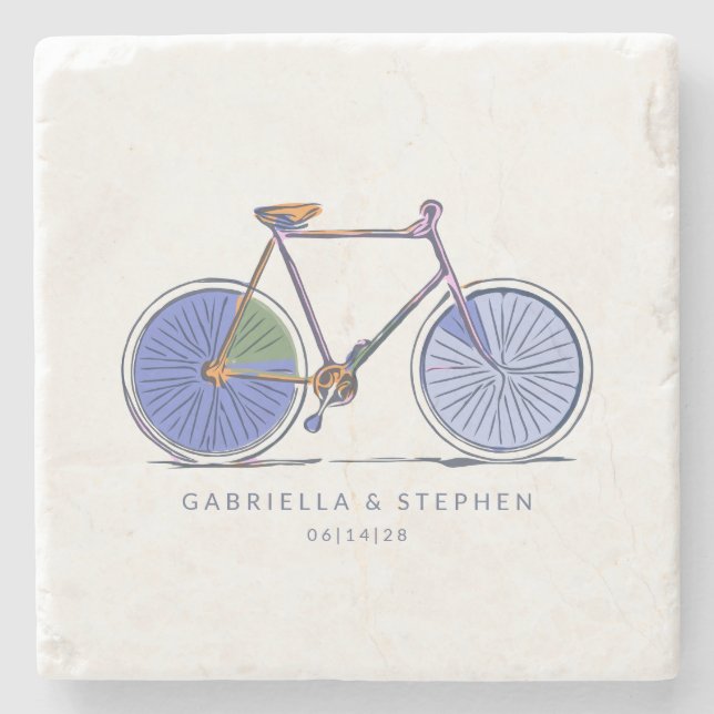 Dessous-de-verre En Pierre Dessin personnalisé avec ligne de bicyclette mauve (Devant)