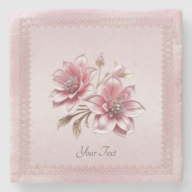 Dessous-de-verre En Pierre Dessous de verre en pierre moderne aux fleurs rose (Devant)
