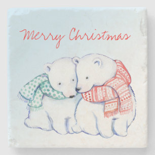 Dessous-de-verre En Pierre Deux dessous de verre de Joyeux Noël d'ours blancs