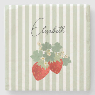 Dessous-de-verre En Pierre Deux Fraises Rouges Rayures & Fleurs | Fruit