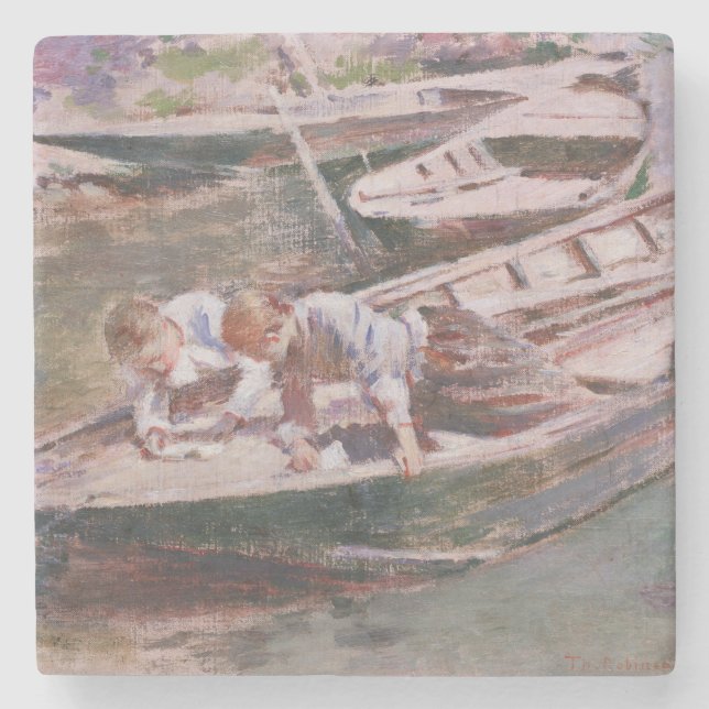 Dessous-de-verre En Pierre Deux garçons en bateau (par Theodore Robinson) (Devant)
