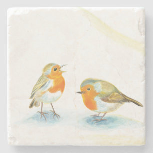 Dessous-de-verre En Pierre Deux Robins rouges en hiver