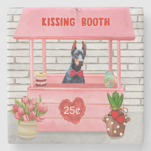 Dessous-de-verre En Pierre Doberman Chien Valentine's Day Kissing Booth (Devant)