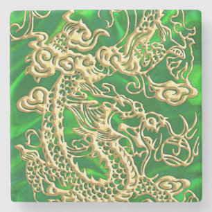 Dessous-de-verre En Pierre Dragon en or embouti sur satin vert