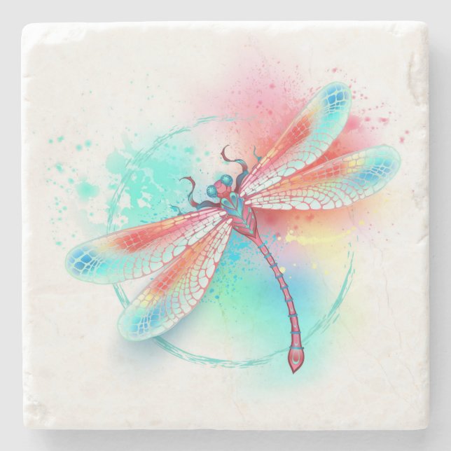 Dessous-de-verre En Pierre Dragonfly rouge sur l'arrière - plan aquarelle (Devant)