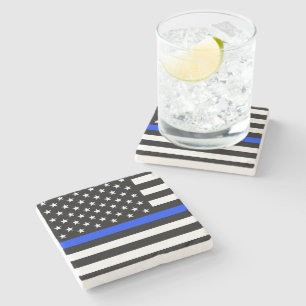 Dessous-de-verre En Pierre Drapeau de police de la Ligne Bleue Mince