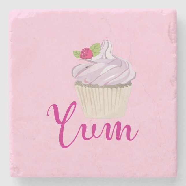 Dessous-de-verre En Pierre Dreamy Cupcake rose avec Yum framboise! (Devant)