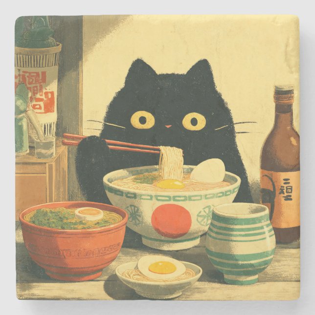 Dessous-de-verre En Pierre Drôle chat noir manger Ramen (Devant)
