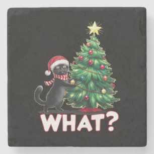 Dessous-de-verre En Pierre Drôle de chat noir sur l'arbre de Noël de Xmas