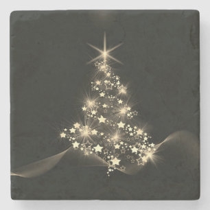Dessous-de-verre En Pierre Éclat doré des étoiles sur l'arbre de Noël sombre 